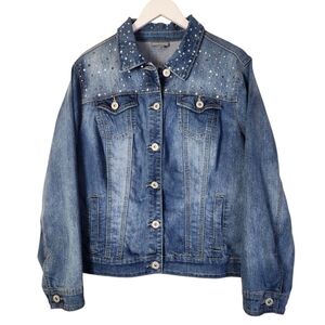 Roz & Ali Denim Boho Trucker Jean Jacket Embellished Metal Studs Pockets  18/20